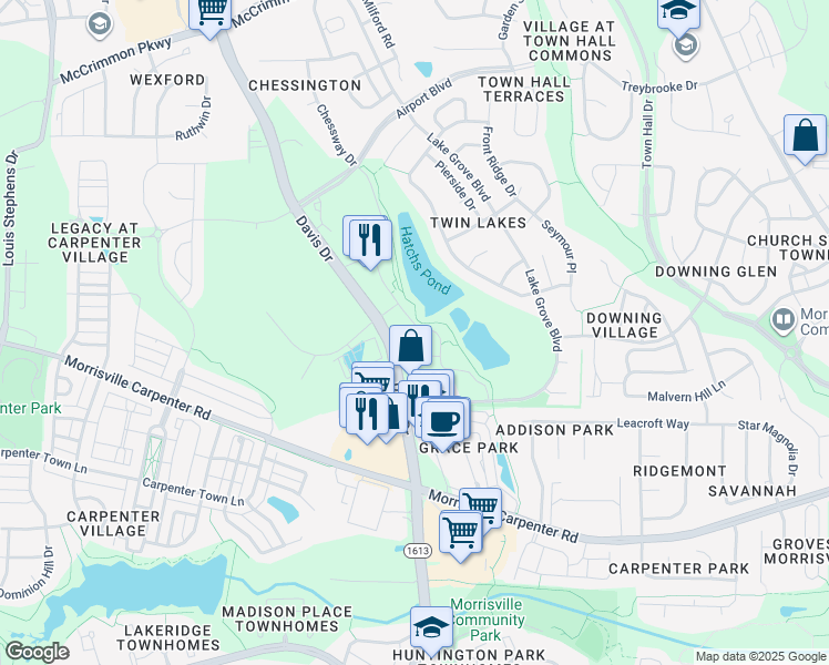 map of restaurants, bars, coffee shops, grocery stores, and more near 3612 Davis Drive in Morrisville