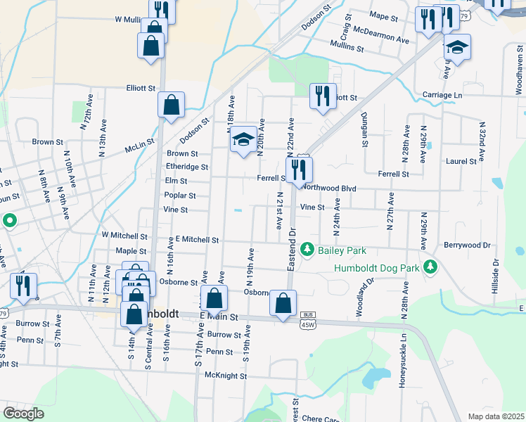 map of restaurants, bars, coffee shops, grocery stores, and more near 708 North 19th Avenue in Humboldt