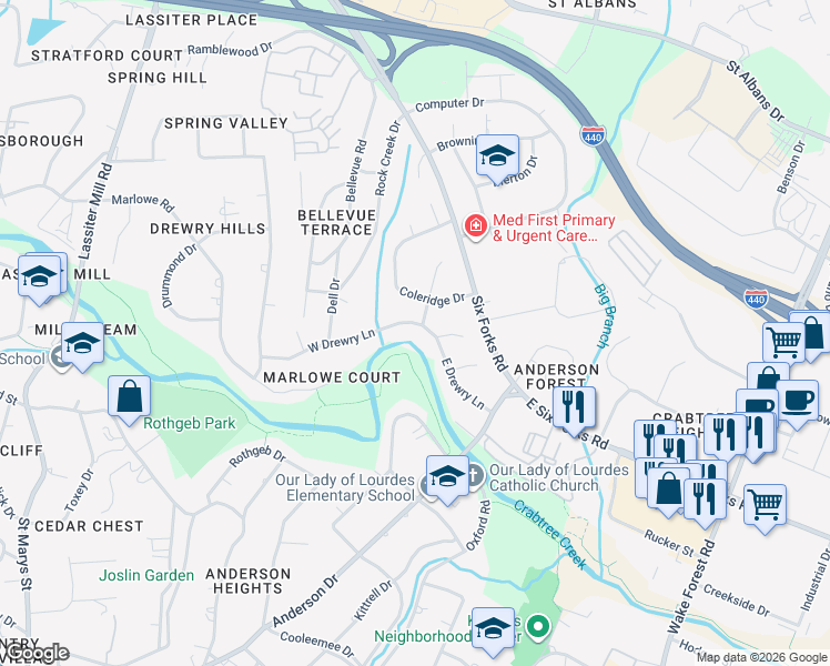 map of restaurants, bars, coffee shops, grocery stores, and more near 107 West Drewry Lane in Raleigh