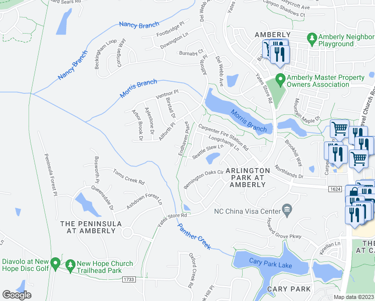 map of restaurants, bars, coffee shops, grocery stores, and more near 1808 Whirlaway Court in Cary