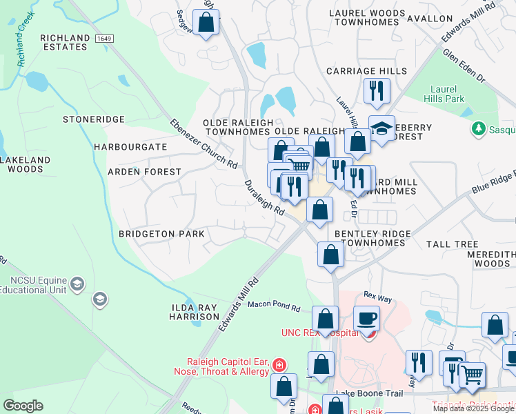 map of restaurants, bars, coffee shops, grocery stores, and more near 3201 Mill Run in Raleigh