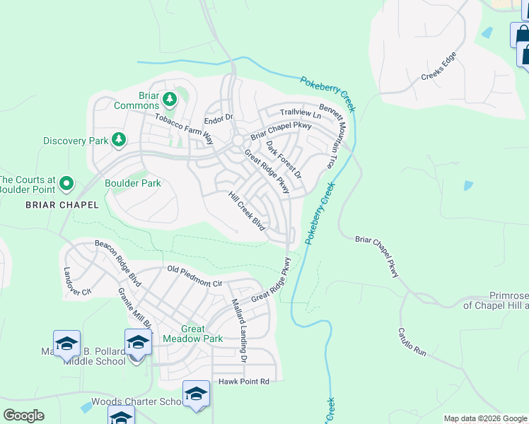 map of restaurants, bars, coffee shops, grocery stores, and more near 77 Harlow Bend in Chapel Hill