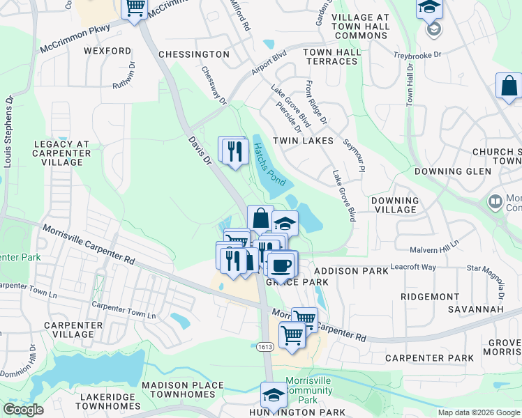 map of restaurants, bars, coffee shops, grocery stores, and more near 1055 Hatches Pond Lane in Morrisville