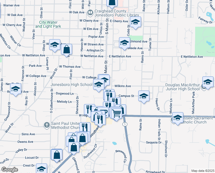 map of restaurants, bars, coffee shops, grocery stores, and more near 1710 South Main Street in Jonesboro