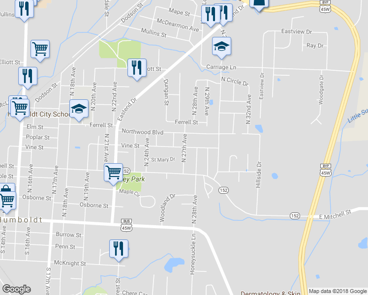 map of restaurants, bars, coffee shops, grocery stores, and more near 799 North 27th Avenue in Humboldt