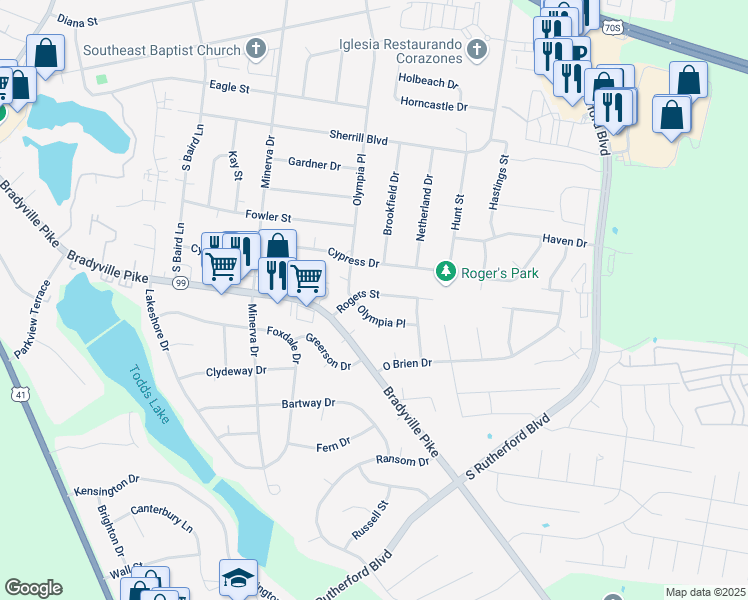 map of restaurants, bars, coffee shops, grocery stores, and more near 2015 Olympia Place in Murfreesboro