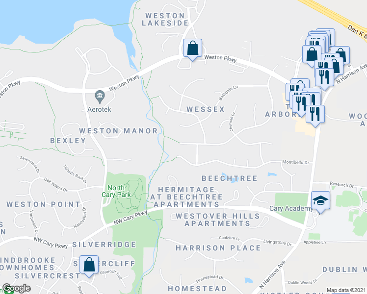 map of restaurants, bars, coffee shops, grocery stores, and more near 505 Midenhall Way in Cary