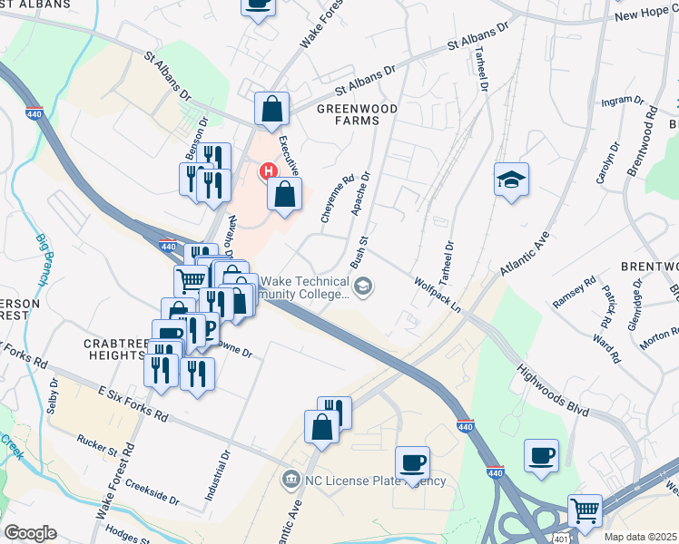 map of restaurants, bars, coffee shops, grocery stores, and more near 3312 Apache Drive in Raleigh