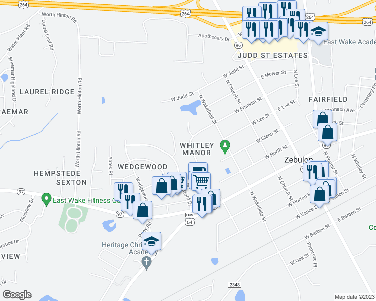 map of restaurants, bars, coffee shops, grocery stores, and more near 406 West Franklin Street in Zebulon