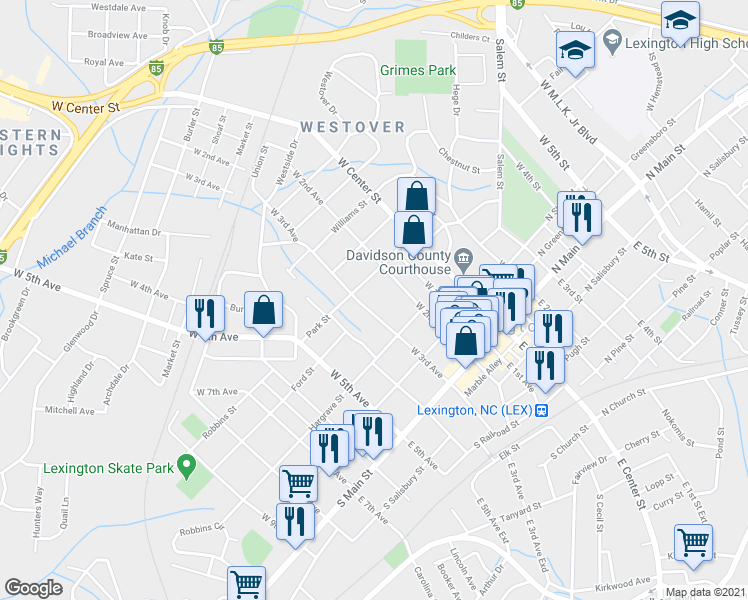 map of restaurants, bars, coffee shops, grocery stores, and more near 210 West 3rd Avenue in Lexington