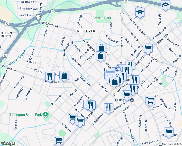 map of restaurants, bars, coffee shops, grocery stores, and more near 210 West 3rd Avenue in Lexington