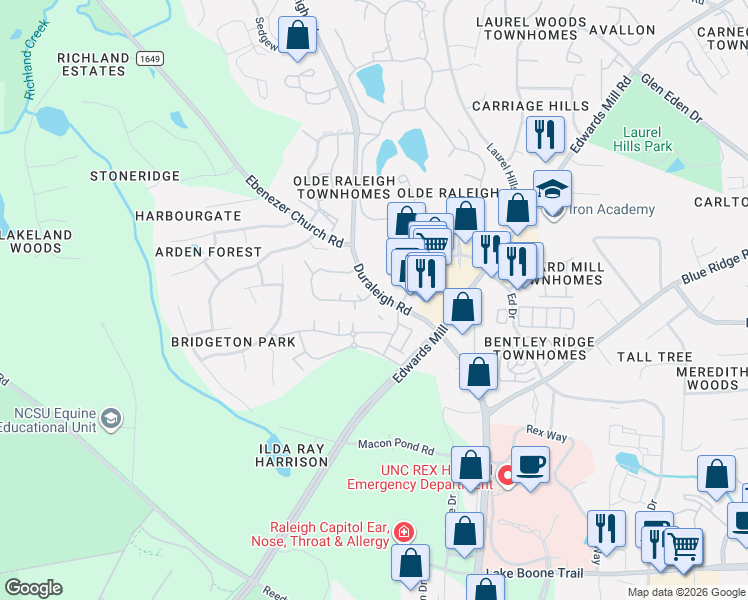 map of restaurants, bars, coffee shops, grocery stores, and more near 3225 Mill Run in Raleigh