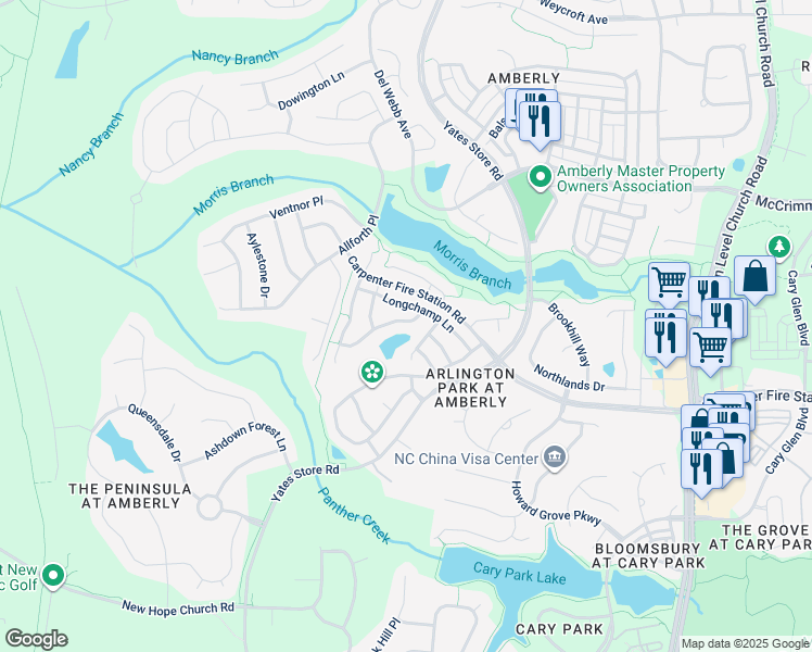 map of restaurants, bars, coffee shops, grocery stores, and more near 1125 Seattle Slew Lane in Cary