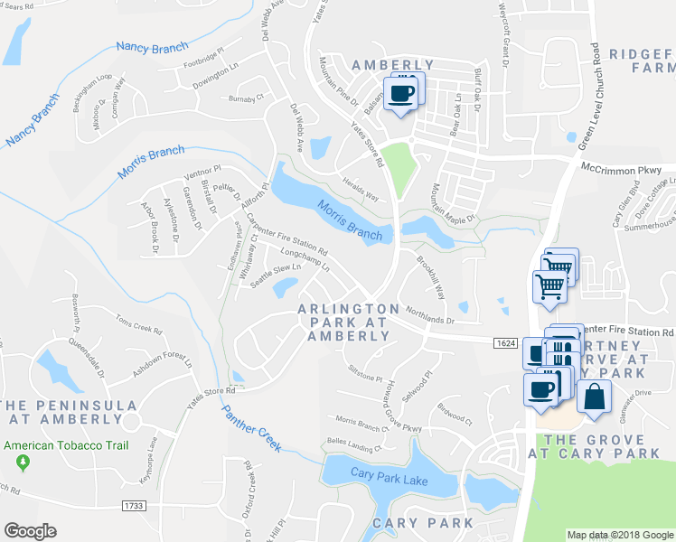 map of restaurants, bars, coffee shops, grocery stores, and more near 126 Longchamp Lane in Cary