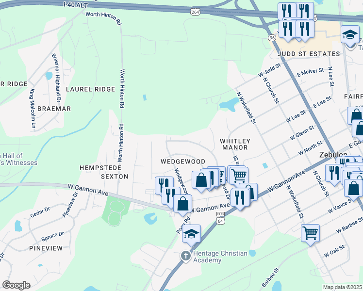 map of restaurants, bars, coffee shops, grocery stores, and more near 615 Stratford Drive in Zebulon