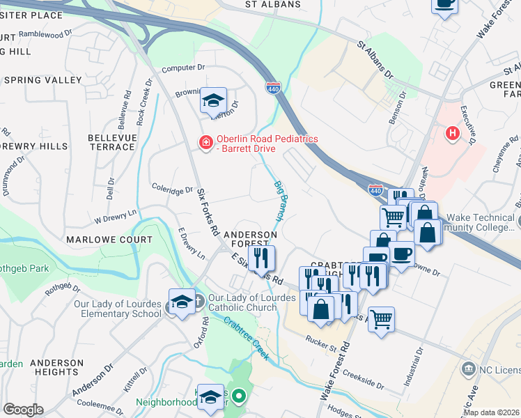 map of restaurants, bars, coffee shops, grocery stores, and more near 3225 Anderson Drive in Raleigh