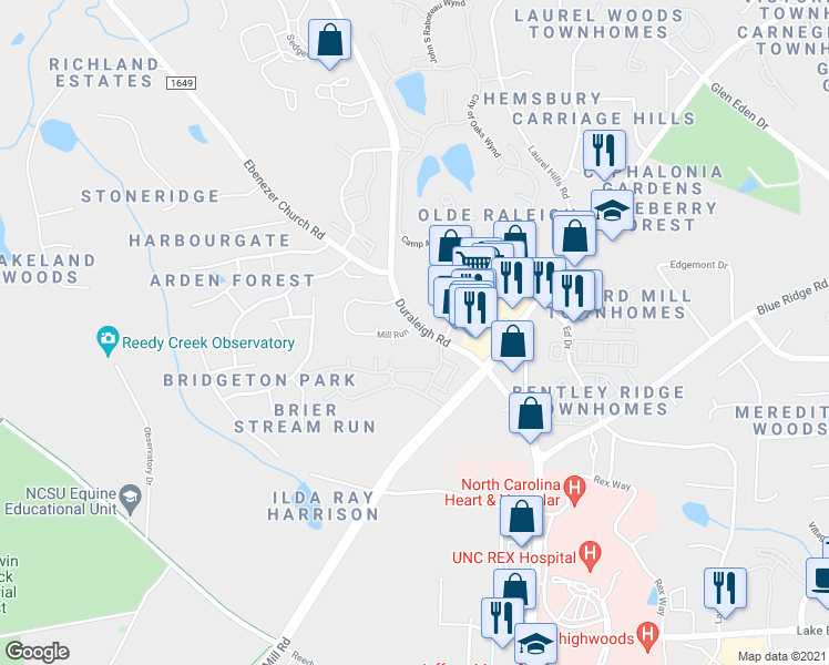 map of restaurants, bars, coffee shops, grocery stores, and more near 3225 Mill Run in Raleigh