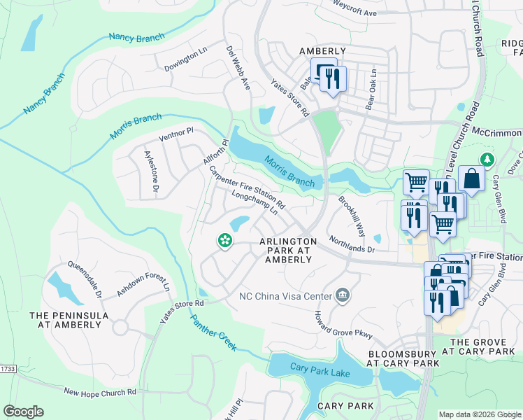 map of restaurants, bars, coffee shops, grocery stores, and more near 540 War Admiral Court in Cary