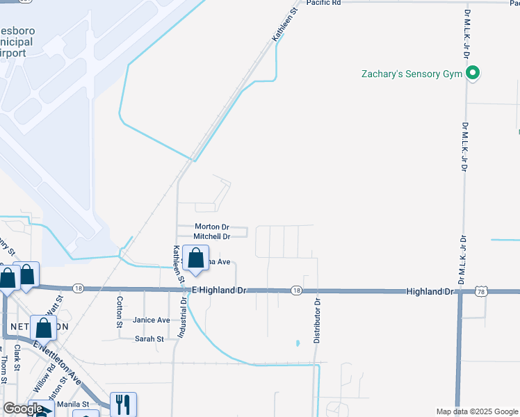 map of restaurants, bars, coffee shops, grocery stores, and more near 5501 Highland Park Circle in Jonesboro