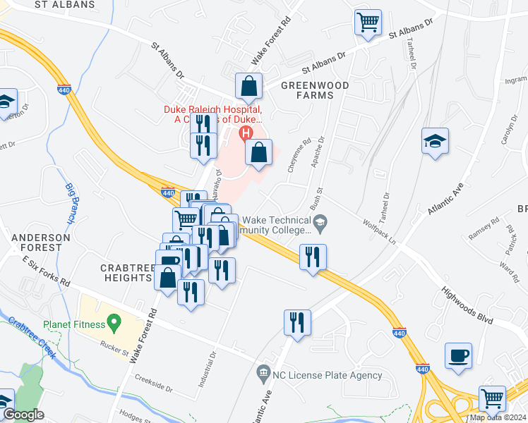 map of restaurants, bars, coffee shops, grocery stores, and more near 3224 Pinecrest Drive in Raleigh