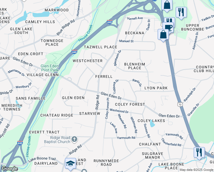 map of restaurants, bars, coffee shops, grocery stores, and more near 2409 Coley Forest Place in Raleigh