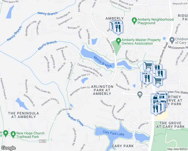 map of restaurants, bars, coffee shops, grocery stores, and more near 504 War Admiral Court in Cary