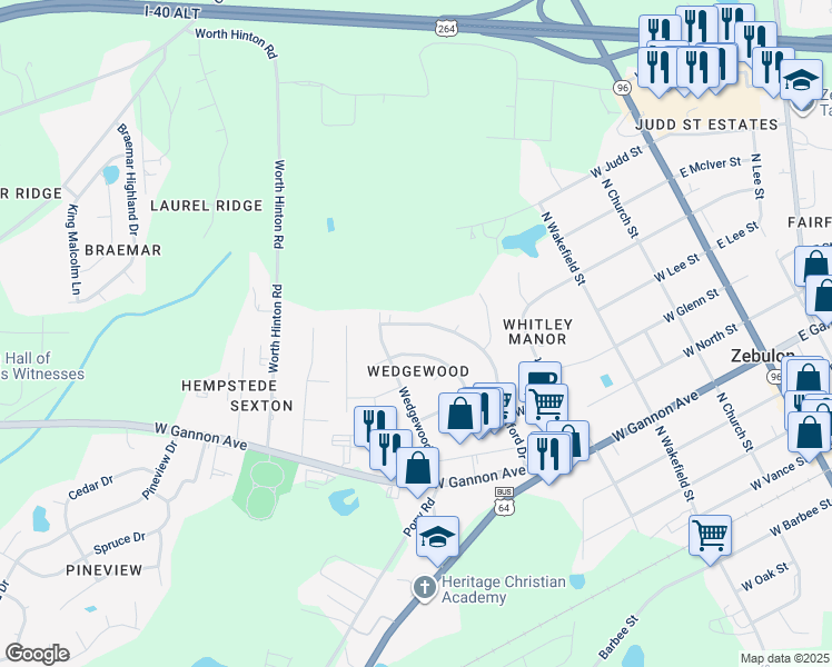 map of restaurants, bars, coffee shops, grocery stores, and more near 615 Stratford Drive in Zebulon