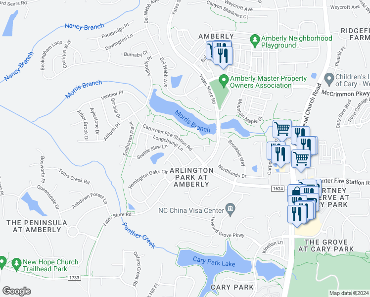 map of restaurants, bars, coffee shops, grocery stores, and more near 130 Longchamp Lane in Cary