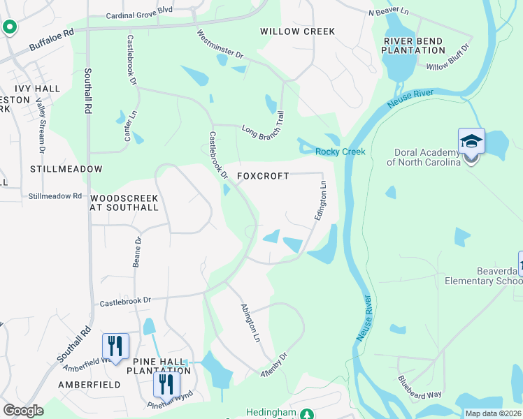 map of restaurants, bars, coffee shops, grocery stores, and more near 5704 Castlebrook Drive in Raleigh