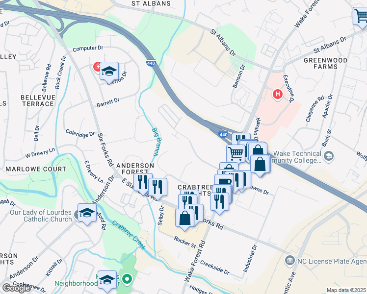 map of restaurants, bars, coffee shops, grocery stores, and more near 920 Wake Towne Drive in Raleigh
