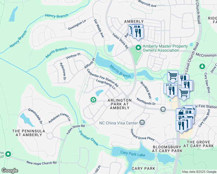 map of restaurants, bars, coffee shops, grocery stores, and more near 506 War Admiral Court in Cary