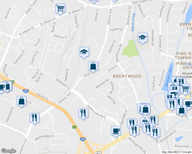 map of restaurants, bars, coffee shops, grocery stores, and more near 3101 Julian Drive in Raleigh