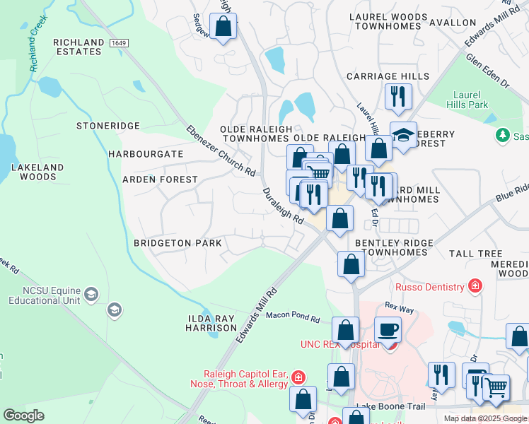 map of restaurants, bars, coffee shops, grocery stores, and more near 3287 Mill Run in Raleigh