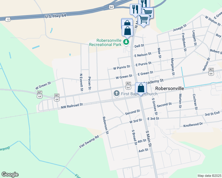 map of restaurants, bars, coffee shops, grocery stores, and more near 199 North Outerbridge Road in Robersonville