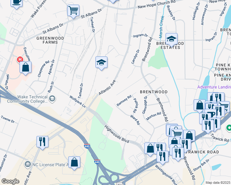 map of restaurants, bars, coffee shops, grocery stores, and more near 3101 Julian Drive in Raleigh