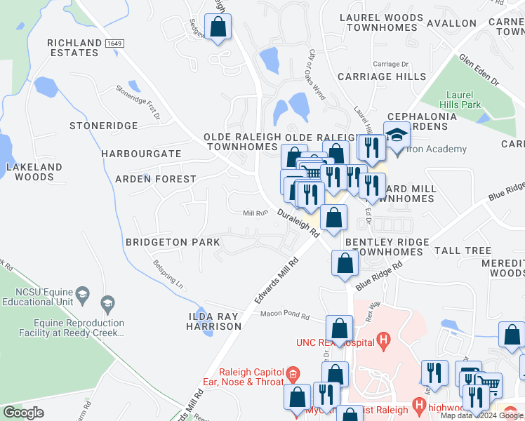 map of restaurants, bars, coffee shops, grocery stores, and more near 3267 Mill Run in Raleigh