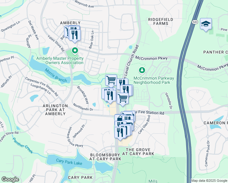 map of restaurants, bars, coffee shops, grocery stores, and more near 425 Emissary Drive in Cary