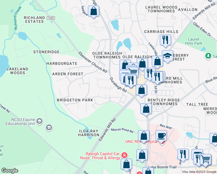 map of restaurants, bars, coffee shops, grocery stores, and more near 3313 Mill Run in Raleigh