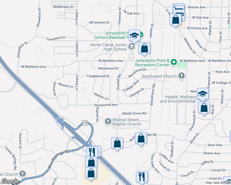 map of restaurants, bars, coffee shops, grocery stores, and more near 1705 Overhill Road in Jonesboro