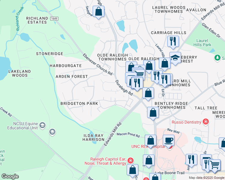 map of restaurants, bars, coffee shops, grocery stores, and more near 3287 Mill Run in Raleigh