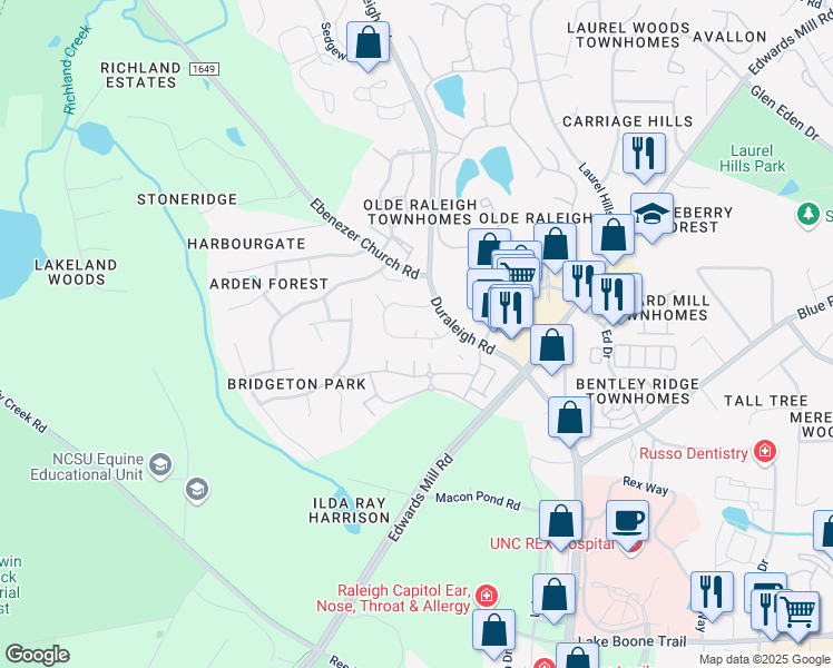 map of restaurants, bars, coffee shops, grocery stores, and more near 3287 Mill Run in Raleigh