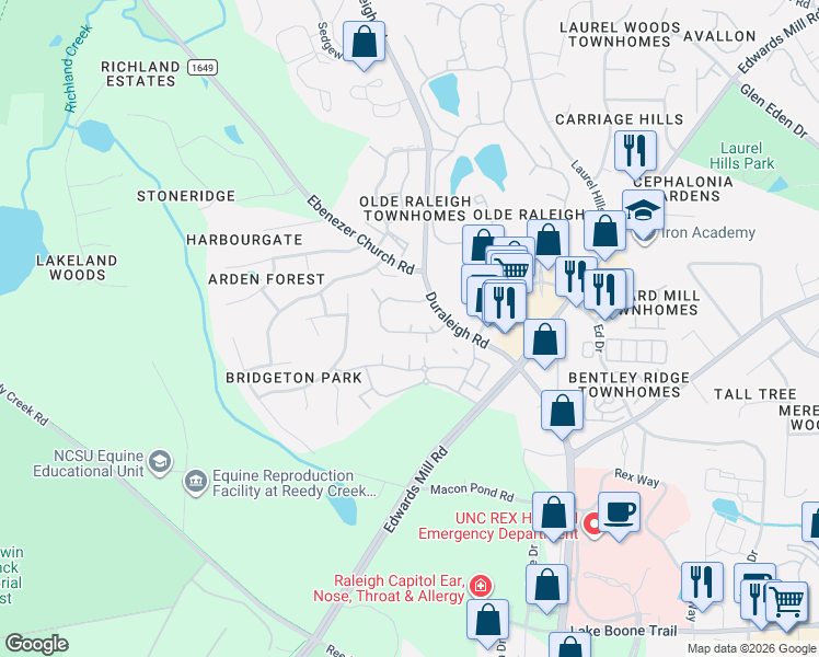 map of restaurants, bars, coffee shops, grocery stores, and more near 3287 Mill Run in Raleigh