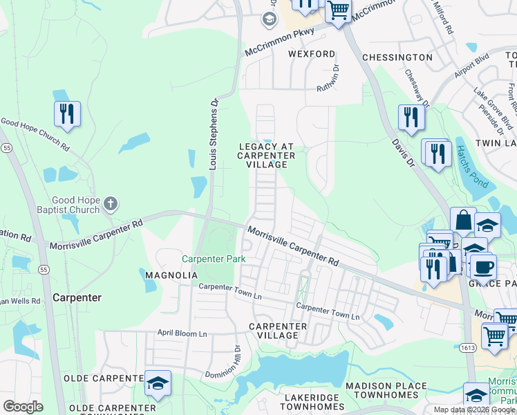 map of restaurants, bars, coffee shops, grocery stores, and more near 214 Frances Green Lane in Cary