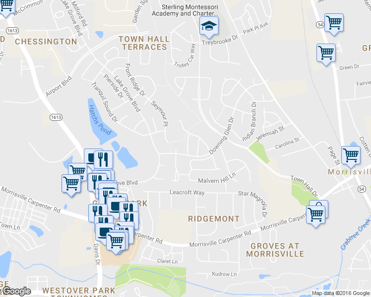 map of restaurants, bars, coffee shops, grocery stores, and more near 607 Beech Hanger Drive in Morrisville