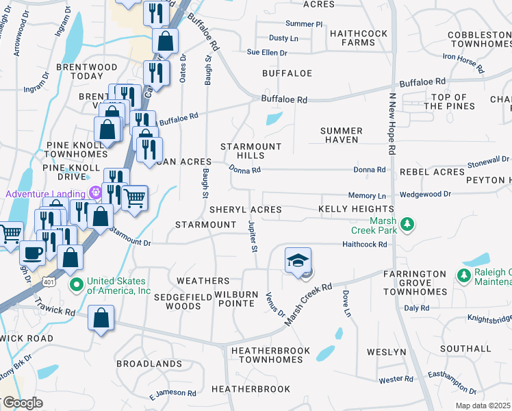 map of restaurants, bars, coffee shops, grocery stores, and more near 3400 Jupiter Street in Raleigh