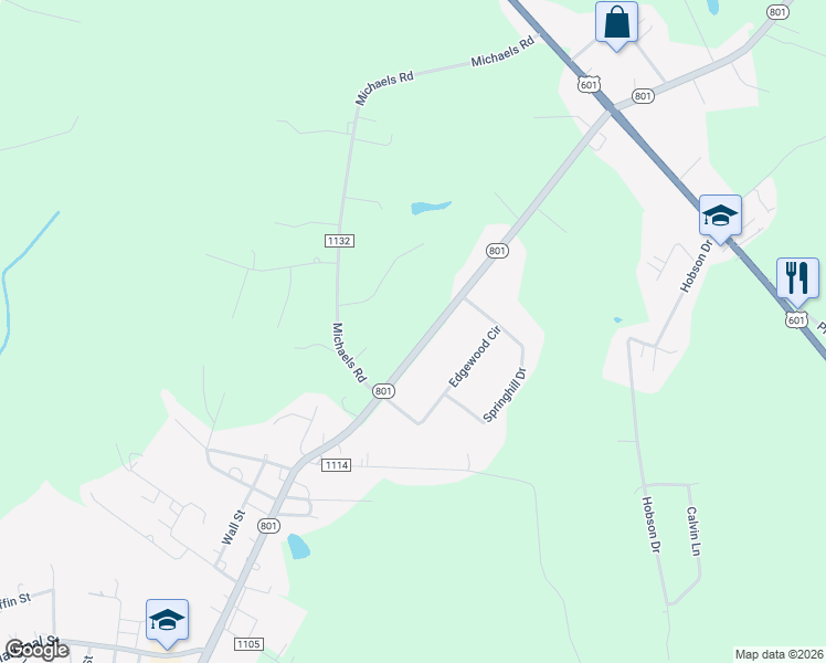 map of restaurants, bars, coffee shops, grocery stores, and more near 7416 North Carolina 801 in Mocksville