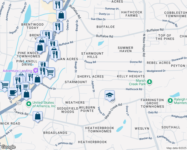 map of restaurants, bars, coffee shops, grocery stores, and more near 3400 Jupiter Street in Raleigh