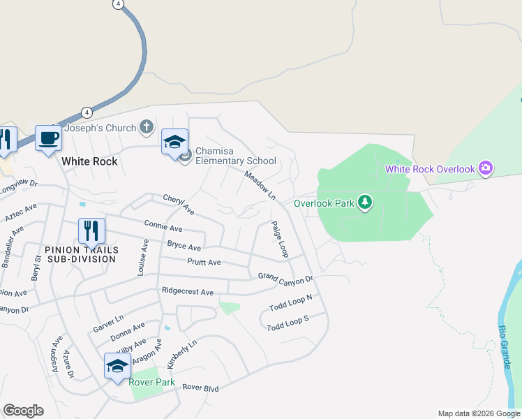 map of restaurants, bars, coffee shops, grocery stores, and more near 580 Meadow Lane in Los Alamos