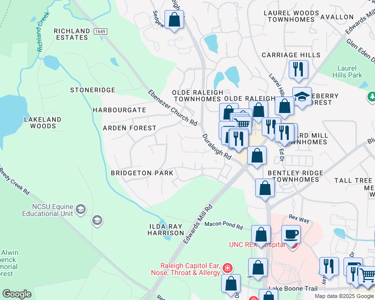 map of restaurants, bars, coffee shops, grocery stores, and more near 3403 Mill Run in Raleigh