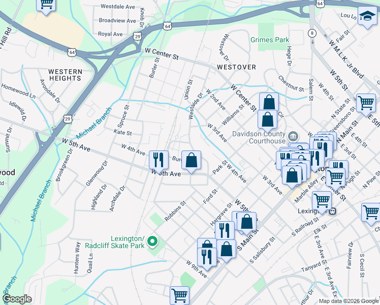 map of restaurants, bars, coffee shops, grocery stores, and more near 507 Burgin Drive in Lexington